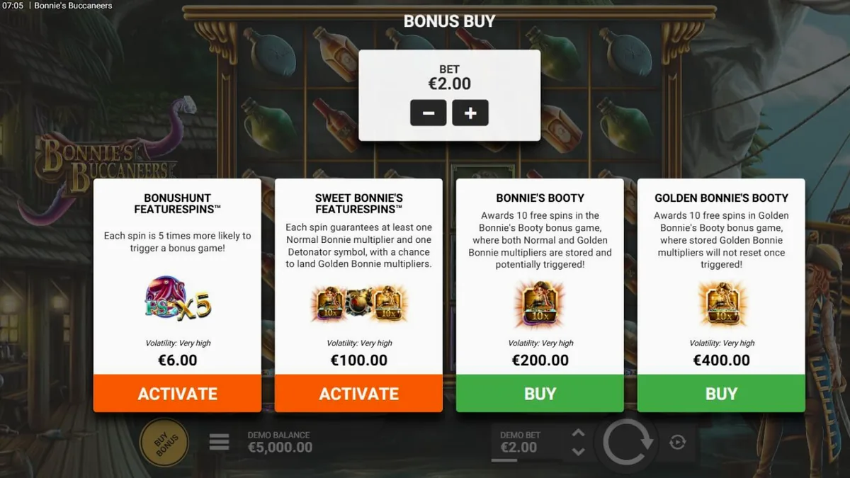 Bonnie’s Buccaneers slot game interface na may pirate theme at treasure chests.