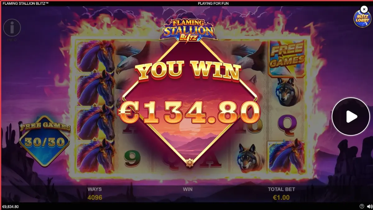 Flaming Stallion Blitz slot game screen na may nagliliyab na asul na kabayo sa gitna ng disyerto.